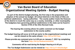Van Buren Board of Education organizational Meeting Update - Budget Hearing